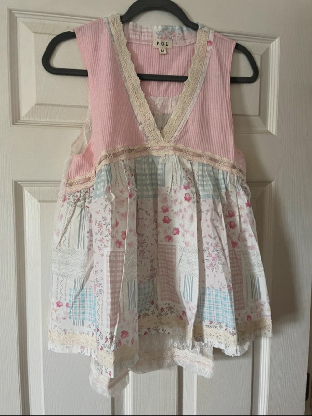 POL Pink Patchwork Floral Lace-Trim Sleeveless Top